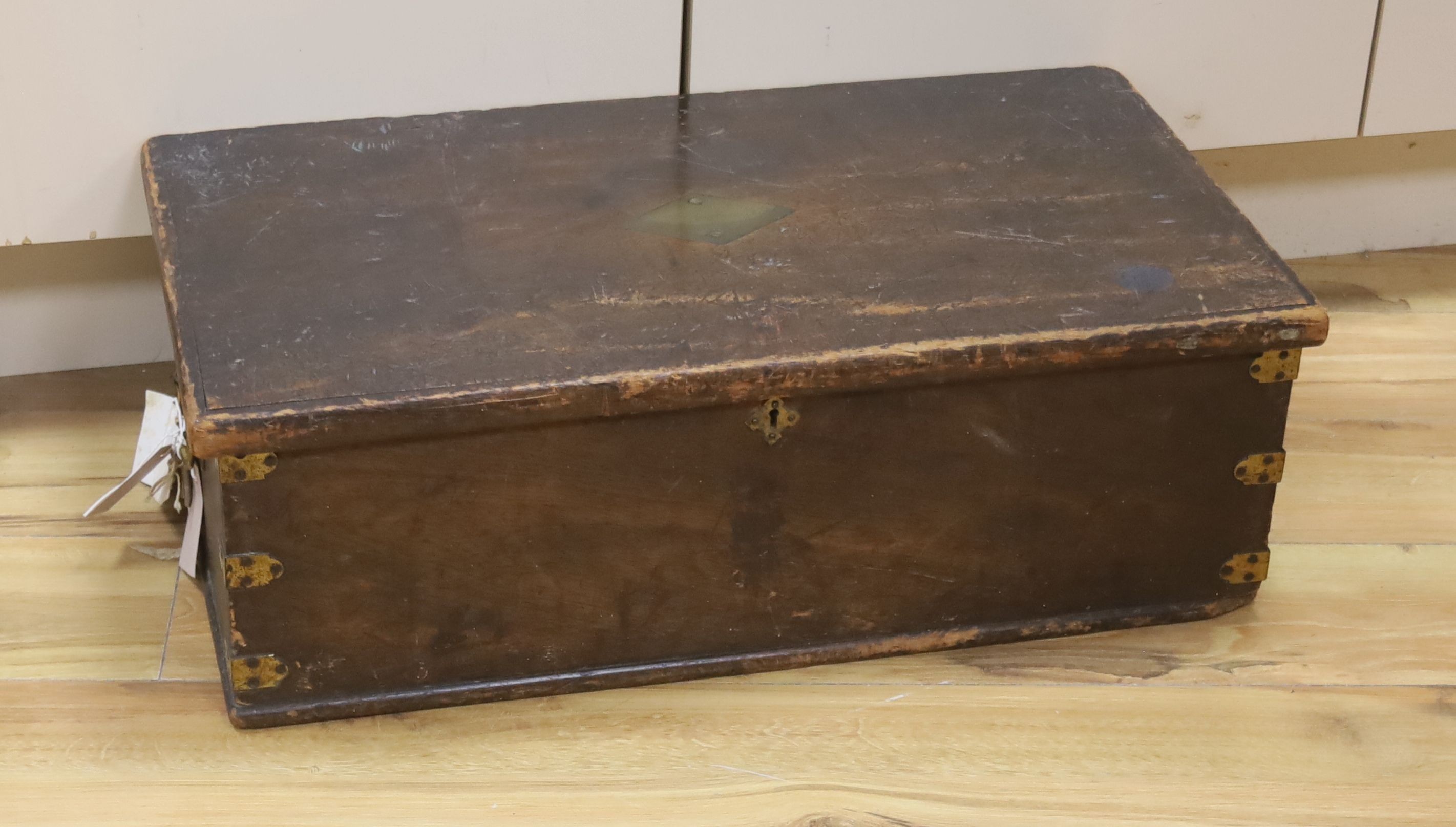 A 19th century brass bound mahogany rectangular box, insert brass plaque engraved Hon Charles Keith 67cm